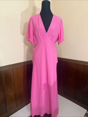 A New Day Pink Maxi Dress Puff Sleeve Faux Wrap Rayon Dress Medium